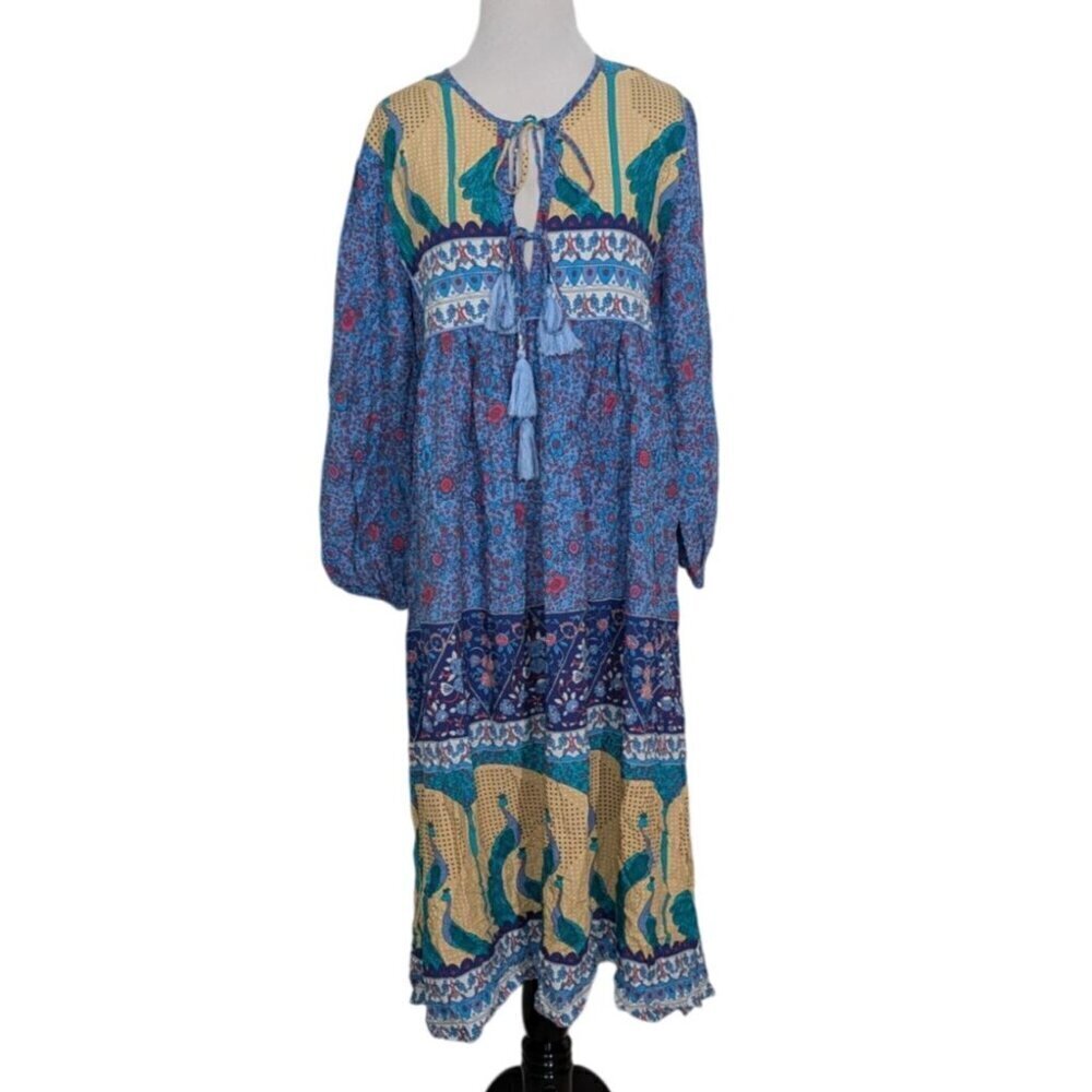 R Vivimos Floral Peacock Midi Dress Womens Size Small Boho Tassel Long Sleeve